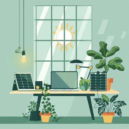 Office workplace with laptop, solar panels and plant. Flat style vector illustration.の素材