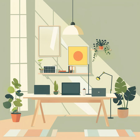 Workplace with computer and plants in flat style. Vector illustration.の素材