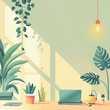 Flat design modern office interior with plants, laptop and lamp. Vector illustrationの素材