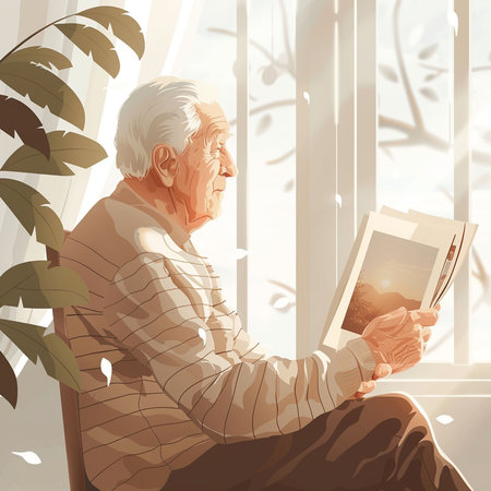 Elderly man reading a book at home. Vector illustration.の素材