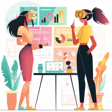 Vector illustration of a young businesswoman talking to her colleague at the officeの素材