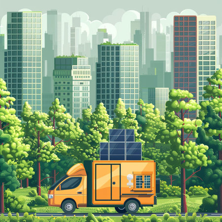 Vector illustration of a truck with solar panels on the background of the cityの素材