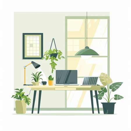 Workplace in flat style. Vector illustration. Workspace with computer, plants and accessories.の素材