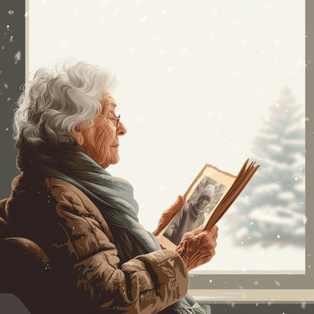 Elderly woman reading a book by the window in winter.の素材
