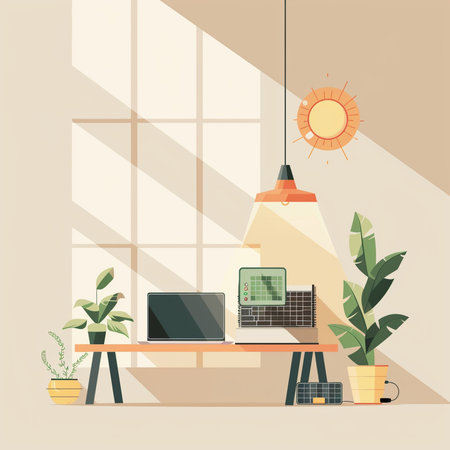 Modern office interior. Workplace with computer and plant. Flat vector illustrationの素材