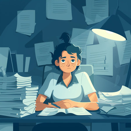 Cartoon business woman sitting at her desk with piles of papers. Vector illustrationの素材
