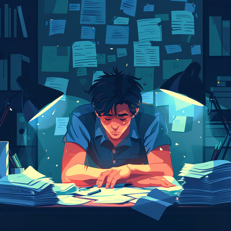 Vector illustration of a young man working at night in the office.の素材
