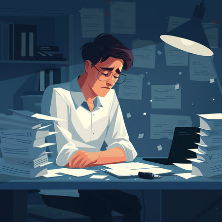 Tired businessman working late at night in office. Cartoon vector illustrationの素材