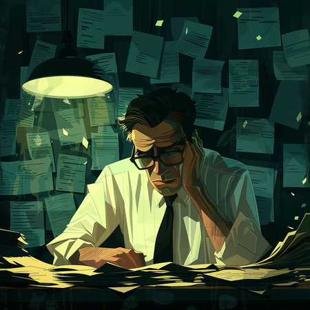 Businessman working at night. Vector illustration of a man in the office.の素材