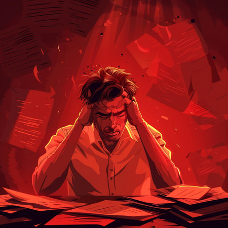 Vector illustration of a stressed man sitting at the table with books.の素材