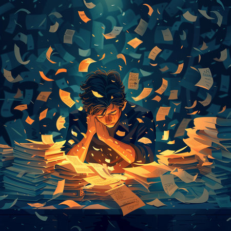 Illustration of a sad man with a lot of paper documents on a dark backgroundの素材