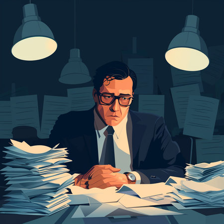Businessman working in office with piles of paper. Vector illustration.の素材