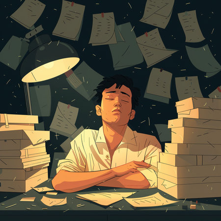 Businessman in the office with piles of papers. Vector illustration.の素材