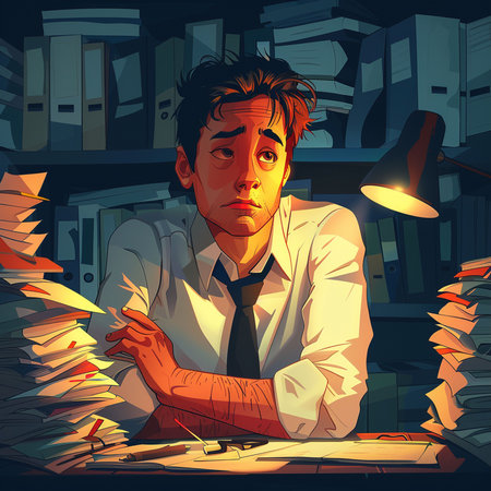 Illustration of a man sitting at his desk surrounded by piles of documentsの素材