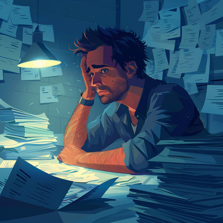 Tired and stressed business man at work in the office, vector illustrationの素材