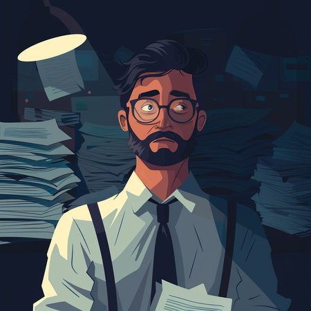 Vector illustration of a man with a beard in a shirt and tie standing at the officeの素材