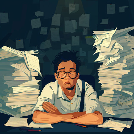 Vector illustration of a tired and stressed businessman sitting at his desk in front of piles of papersの素材