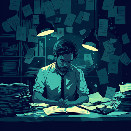 Man working at night in the office with piles of papers. Vector illustration.の素材