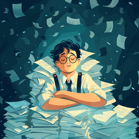 Vector illustration of a man with glasses sitting on a pile of books.の素材