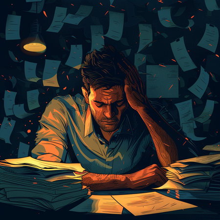 Vector illustration of a sad man sitting at the table and reading a bookの素材