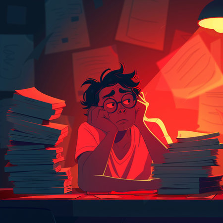 Illustration of a tired and stressed young man sitting at his desk in front of piles of paper files.の素材