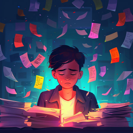 Illustration of a tired man reading a book at night in the libraryの素材