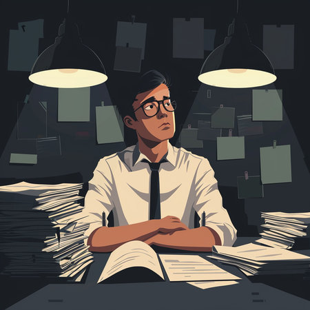 Businessman sitting at the desk with piles of papers. Vector illustration.の素材