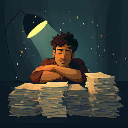 Sad man in the dark at night with piles of papers, vector illustrationの素材