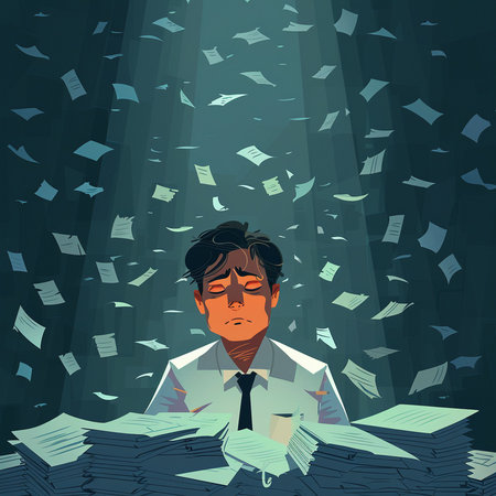 Businessman at work with piles of paper documents. Vector illustration.の素材