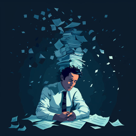 Vector illustration of a man in a white shirt and tie sitting at the table with piles of documentsの素材