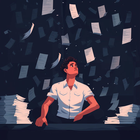 Tired businessman sitting at the table with piles of documents. Cartoon vector illustration.の素材