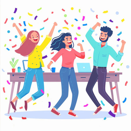 Happy Young Office Workers Celebrating Success at Work. Business People Having Fun at Workplace.の素材