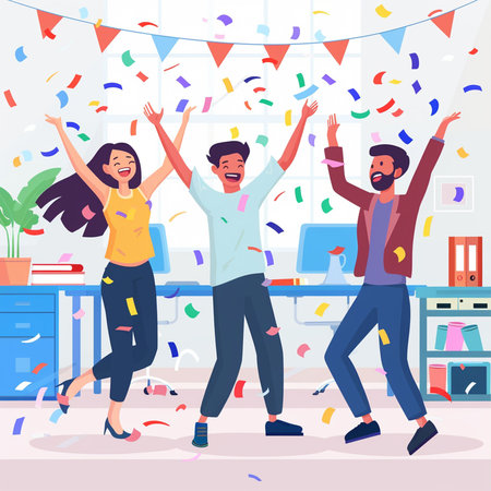 Happy people dancing at party with confetti. Cheerful men and women having fun at corporate party. Vector illustration.の素材