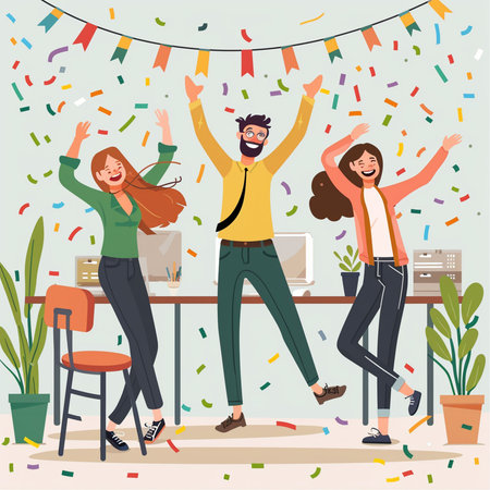 Happy business people celebrating success at office. Teamwork concept. Vector illustrationの素材