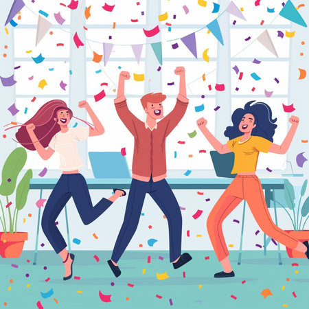 Happy People Celebrating Party in Office. Cheerful Male and Female Characters Having Fun at Work. Business People Celebrating Success. Vector Illustrationの素材