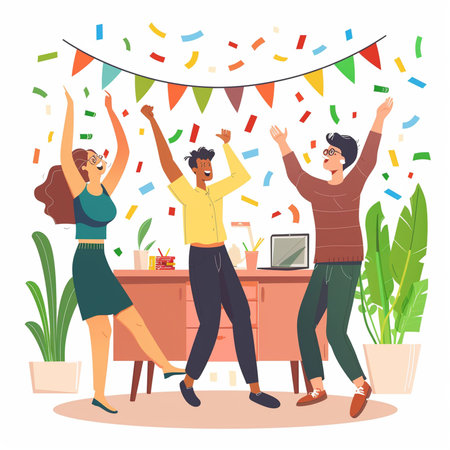 Celebration and party concept. Happy young men and women dancing at home. Vector flat style cartoon illustrationの素材