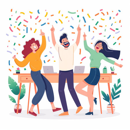 Happy office workers with confetti celebrating success, flat vector illustration.の素材