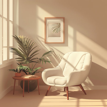 Modern interior design. Living room with armchair and plant. 3d renderの素材