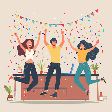Happy friends dancing at home party with confetti. Flat style vector illustration.の素材
