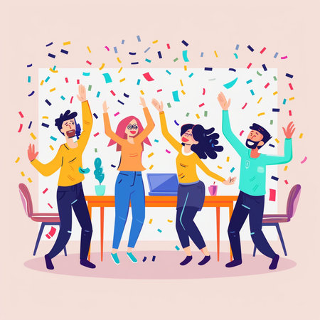 Happy group of young people celebrating with confetti. Cheerful young men and women in casual clothes dancing at party. Flat vector illustration.の素材