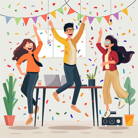 Happy young people celebrating party at home. Vector illustration in flat styleの素材