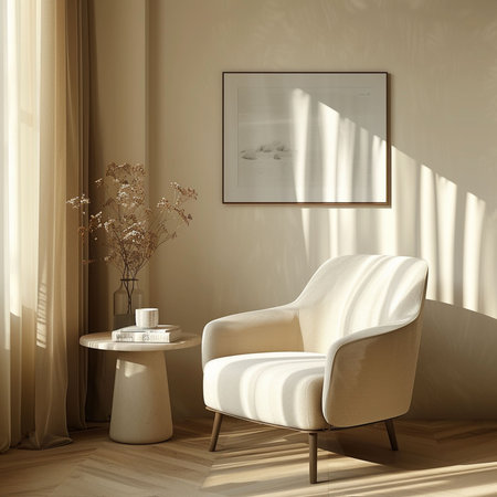 Interior of modern living room with beige armchair, coffee table and poster. 3d renderの素材