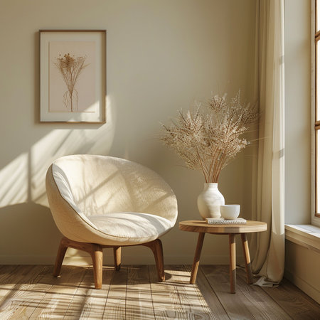Interior of modern living room with beige walls, wooden floor, beige armchair and vase with dried flowers. 3d renderの素材
