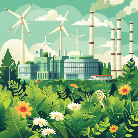 Ecology concept. Power plant with wind turbines and flowers. Vector illustrationの素材