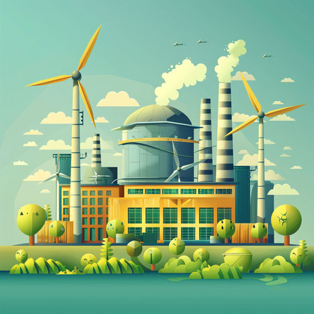 Industrial landscape with wind turbines and factory buildings. Vector illustration.の素材