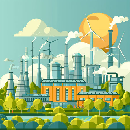 Industrial landscape with power plant and wind turbines. Vector illustration.の素材
