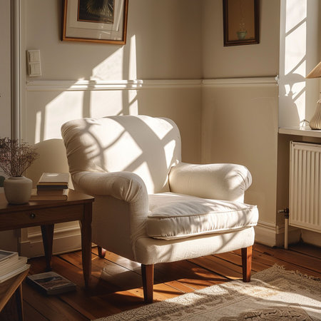 interior of a living room with a white armchair and booksの素材