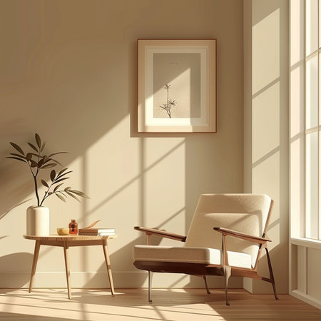 Interior of modern living room with beige armchair, coffee table and window with sunlight. 3d renderの素材
