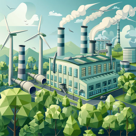 Industrial landscape with power plant and wind turbines. Vector illustration.の素材