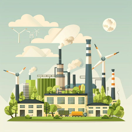 Ecology concept with factory and wind turbines. Vector illustration in flat styleの素材